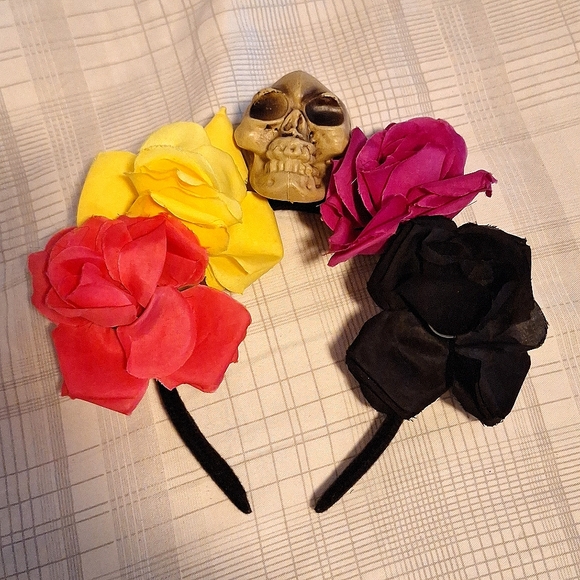 Adult Size Halloween Flower Rose Colorful Skull Day of the Dead Headband Crown - Picture 1 of 2